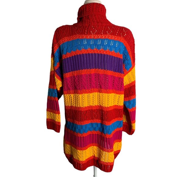 Vintage 90s Loose Knit Turtleneck Sweater L Rainbow Stripe Pullover Long Sleeve - Picture 4 of 6